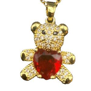 Heart Teddy Bear Necklace Faux Ruby CZ Black Eyed Gold Tone 18" Pendant Love